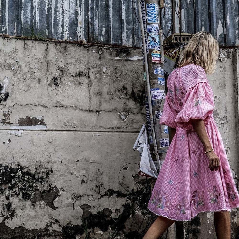 Innika choo smock midi cotton with belt Pink Embroidered Tunic Dress